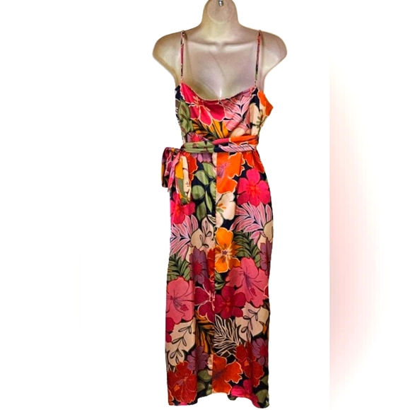 NATIVE CHIC Hot Pink/Green Multi-Color Tropical Satin Wrap Midi Dress, Large - Picture 2 of 16